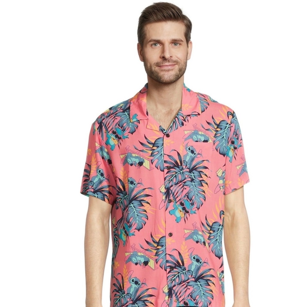 Disney Stitch Button Down Shirt Mens 3XL Pink Tropical Hawaiian Excellent Rayon